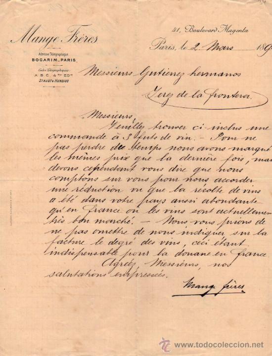 Cartas comerciais: CARTA COMERCIAL DE MANGE FR&Egrave;RES. PARIS 1894