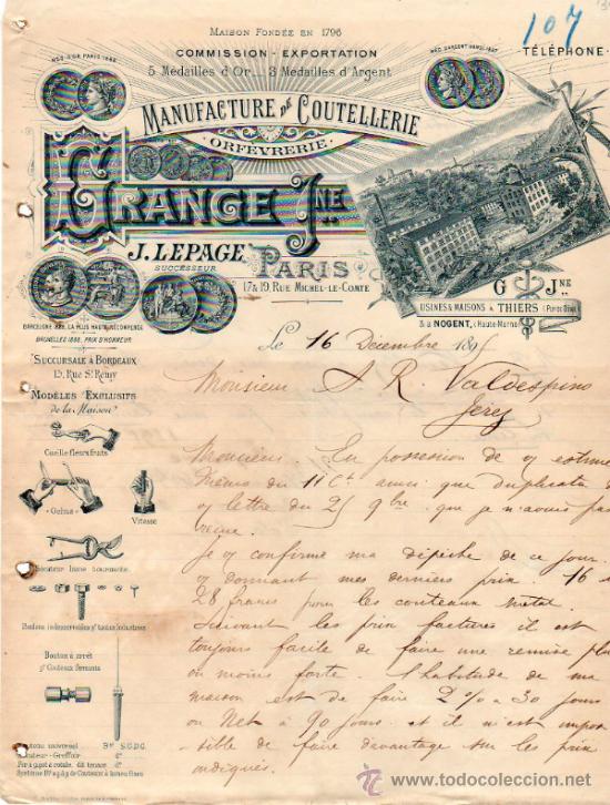 Cartas comerciais: CARTA COMERCIAL DE J. PELAGE. COMMISSION - EXPORTATION. PARIS 1891