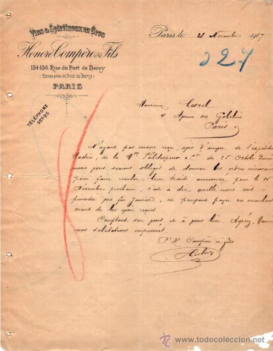 Cartas comerciais: CARTA COMERCIAL DE HONOR&Eacute; COMP&Egrave;RE & FILS. ST&Eacute; DE VENTE DE VINS & SPIRITUEUX EN GROS. PARIS 1907