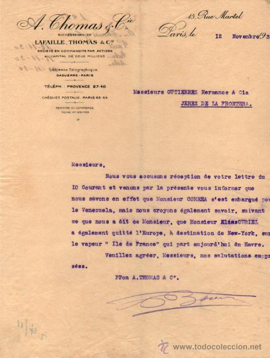 Cartas comerciais: CARTA COMERCIAL DE A. THOMAS & C&ordm;. SUCCrs. SOCI&Eacute;T&Eacute; EN COMMANDITE PAR ACTIONS. PARIS 1930