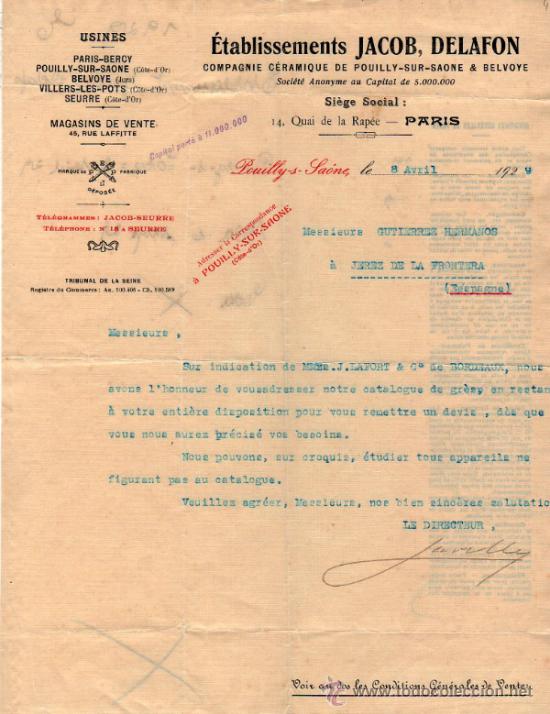 Cartas comerciais: CARTA COMERCIAL  &Eacute;TABLISSEMENTS JACOB, DELAFON. COMPAGNIE C&Eacute;RAMIQUE. POUILLY-S-SA&Ocirc;NE 1929, FRANCE