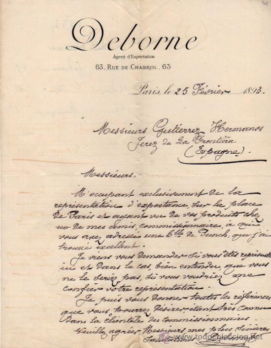 Cartas comerciais: CARTA COMERCIAL   DE DEBORNE. AGENT D'EXPORTATION. PARIS 1893