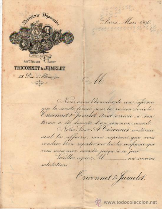 Cartas comerciais: CARTA COMERCIAL   DE TRICONNET & JUMELET. DISTILLERIE.   PARIS 1896