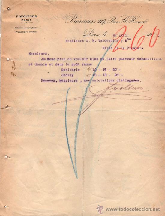 Cartas comerciais: CARTA COMERCIAL   DE F. WOLTNER.   PARIS 1901