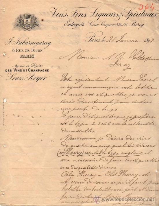 Cartas comerciais: CARTA COMERCIAL   DE J. IRIBARNEGARAY. FABRIQUE DE VINS FINS- LIQUEURS & SPIRITUEUX. PARIS 1897