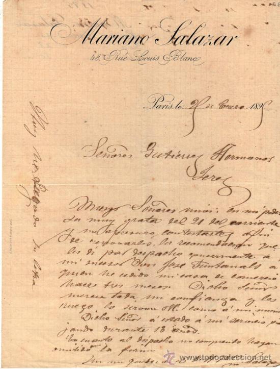 Cartas comerciais: CARTA COMERCIAL   DE MARIANO SALAZAR. PARIS 1895