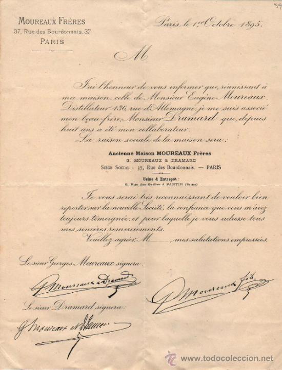 Cartas comerciais: CARTA COMERCIAL   DE MOUREAUX FR&Egrave;RES. PARIS 1895