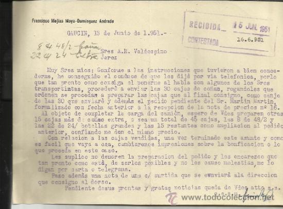 Cartas comerciales: CARTA COMERCIAL DE FRANCISCO MEJ&Iacute;AS MOYA- DOMINGUEZ ANDRADE. GAUC&Iacute;N. M&Aacute;LAGA. 1951