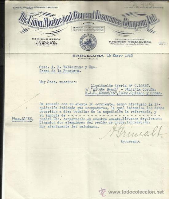 Cartas comerciales: CARTA COMERCIAL DE THE UNION MARINE AND GENERAL INSURANCE COMPANY. BARCELONA. 1936