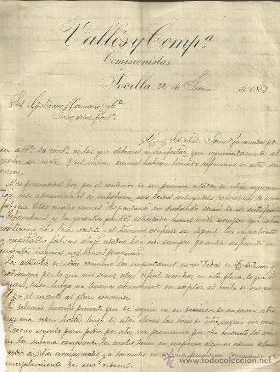 Cartas comerciales: CARTA COMERCIAL DE VALL&Eacute;S Y COMPA&Ntilde;&Iacute;A. COMISIONISTAS. SEVILLA. 1883