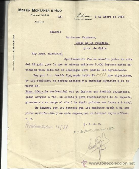 Cartas comerciales: CARTA COMERCIAL DE MART&Iacute;N MONTANER E HIJOS. PALAM&Oacute;S. GERONA. 1925