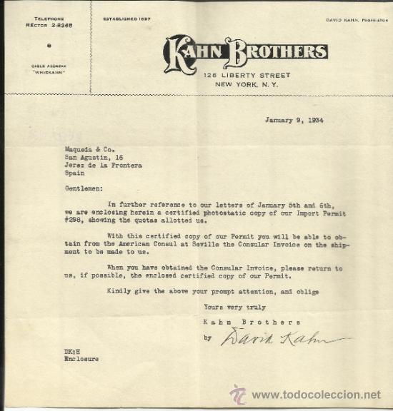 Cartas comerciales: CARTA COMERCIAL DE KAHN BROTHERS. NEW YORK. EEUU. 1934