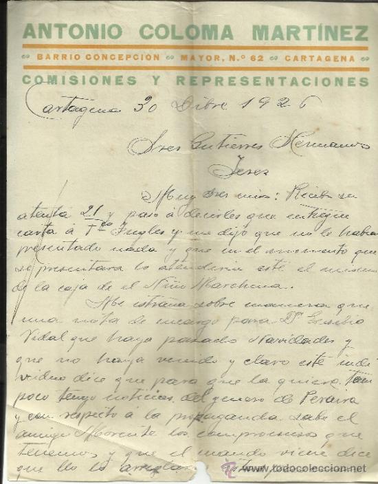 Cartas comerciales: CARTA COMERCIAL DE ANTONIO COLOMA MART&Iacute;NEZ. COMISIONES Y REPRESENTACIONES. CARTAGENA. MURCIA. 1926