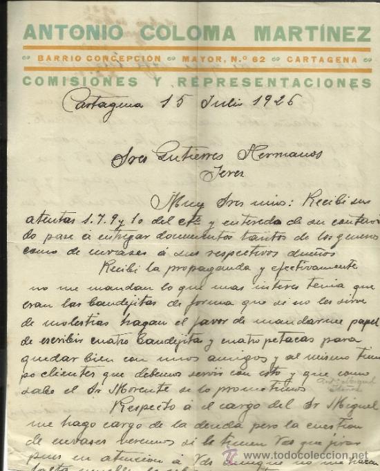 Cartas comerciales: CARTA COMERCIAL DE ANTONIO COLOMA MART&Iacute;NEZ. COMISIONES Y REPRESENTACIONES. CARTAGENA. MURCIA. 1926