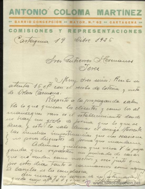 Cartas comerciais: CARTA COMERCIAL DE ANTONIO COLOMA MART&Iacute;NEZ. COMISIONES Y REPRESENTACIONES. CARTAGENA. MURCIA. 1926