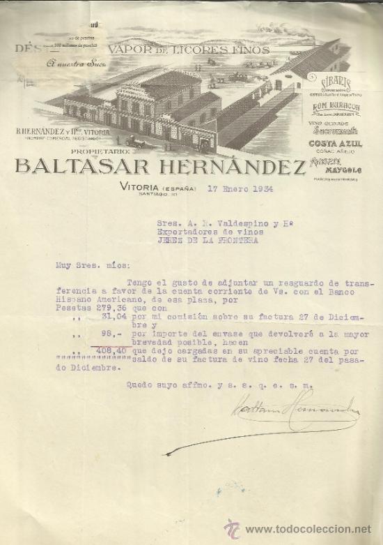 Cartas comerciales: CARTA COMERCIAL DE BALTASAR HERN&Aacute;NDEZ. DESTILER&Iacute;A VAPOR DE LICORES FINOS. VITORIA. 1934