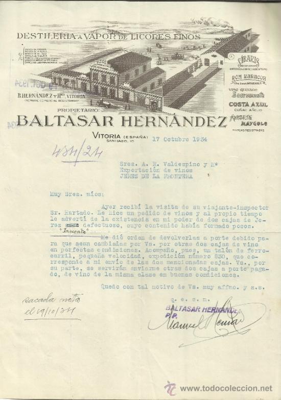 Cartas comerciales: CARTA COMERCIAL DE BALTASAR HERN&Aacute;NDEZ. DESTILER&Iacute;A VAPOR DE LICORES FINOS. VITORIA. 1934