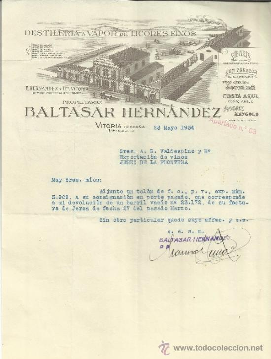 Cartas comerciales: CARTA COMERCIAL  DE BALTASAR HERN&Aacute;NDEZ. DESTILER&Iacute;A VAPOR DE LICORES FINOS. VITORIA. 1934