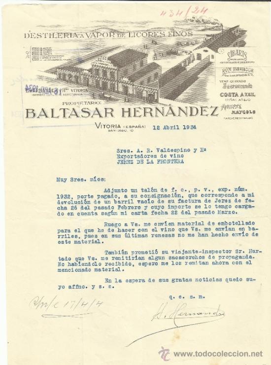 Cartas comerciales: CARTA COMERCIAL  DE BALTASAR HERN&Aacute;NDEZ. DESTILER&Iacute;A VAPOR DE LICORES FINOS. VITORIA. 1934
