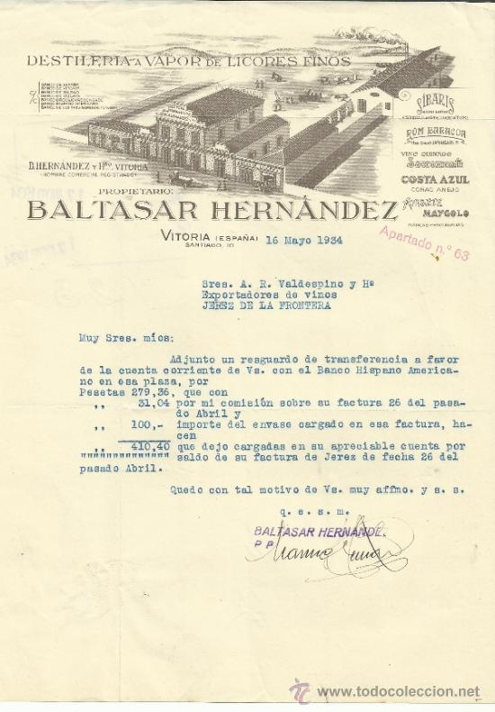 Cartas comerciais: CARTA COMERCIAL  DE BALTASAR HERN&Aacute;NDEZ. DESTILER&Iacute;A VAPOR DE LICORES FINOS. VITORIA. 1934