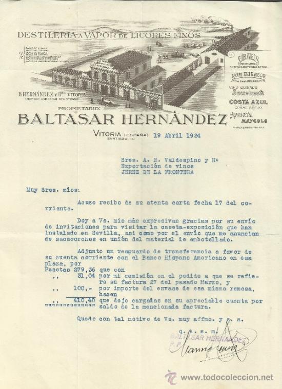 Cartas comerciales: CARTA COMERCIAL DE BALTASAR HERN&Aacute;NDEZ. DESTILER&Iacute;A VAPOR DE LICORES FINOS. VITORIA. 1934