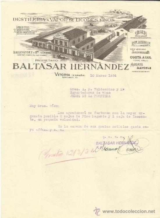 Cartas comerciales: CARTA COMERCIAL DE BALTASAR HERN&Aacute;NDEZ. DESTILER&Iacute;A VAPOR DE LICORES FINOS. VITORIA. 1934
