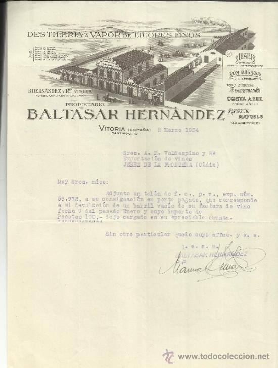 Cartas comerciales: CARTA COMERCIAL DE BALTASAR HERN&Aacute;NDEZ. DESTILER&Iacute;A VAPOR DE LICORES FINOS. VITORIA. 1934