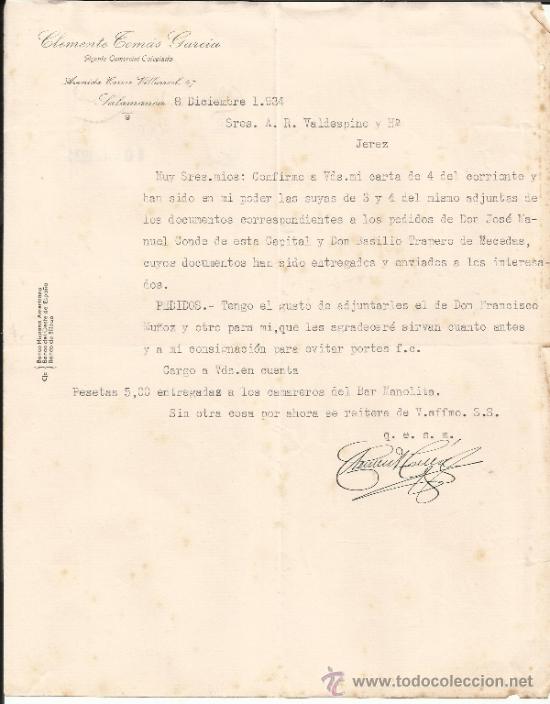Cartas comerciales: CARTA COMERCIAL DE CLEMENTE TOM&Aacute;S GARC&Iacute;A. AGENTE COMERCIAL DELEGADO. SALAMANCA. 1934