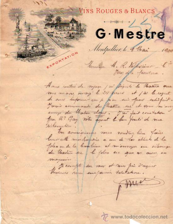 Cartas comerciales: CARTA COMERCIAL DE G. MESTRE. EXPORTATION DE VINS ROUGES & BLANCS. MONTPELLIER 1900, FRANCE