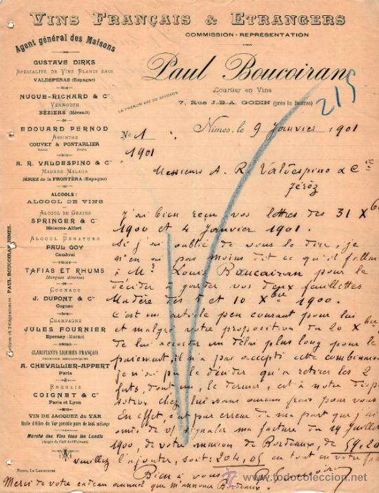 Cartas comerciales: CARTA COMERCIAL DE PAUL BOUCOIRAN. COMMISSION - REPR&Eacute;SENTATION. NIMES 1901, FRANCE