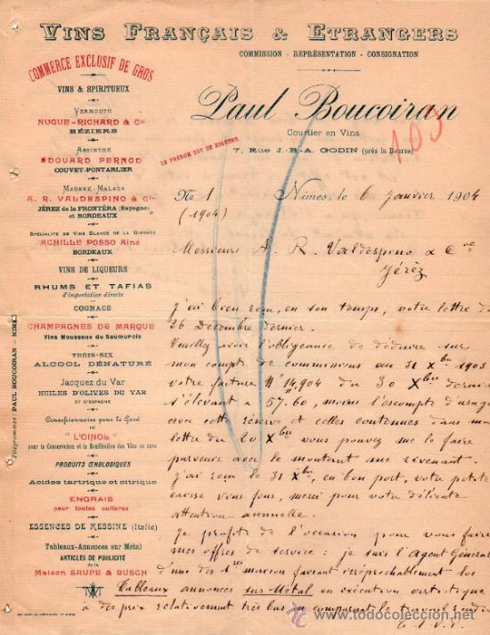 Cartas comerciales: CARTA COMERCIAL DE PAUL BOUCOIRAN. COMMISSION - REPR&Eacute;SENTATION. NIMES 1904, FRANCE