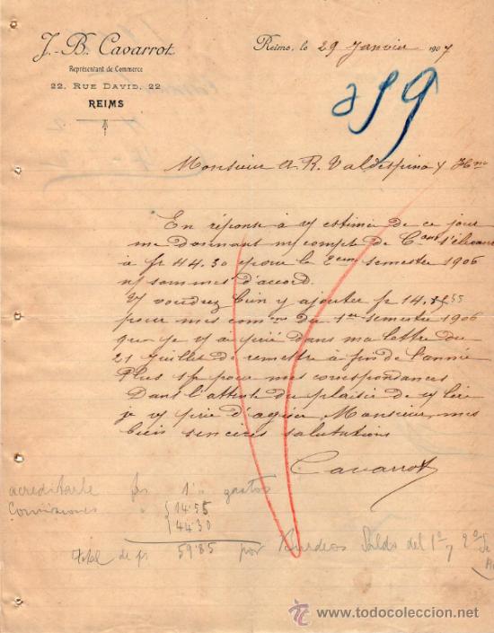 Cartas comerciales: CARTA COMERCIAL DE J. B. CAVARROT. REPR&Eacute;SENTANT DE COMMERCE. REIMS 1907, FRANCE