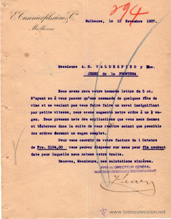 Cartas comerciales: CARTA COMERCIAL DE  E. CUSENIER FILS A&Icirc;NE & Cie. DISTILLERIE. MULHOUSE 1907