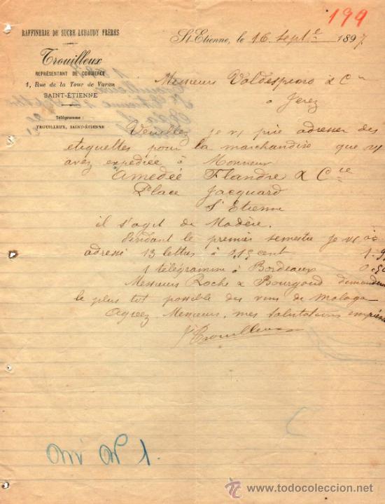 Cartas comerciales: CARTA COMERCIAL DE TROUILLEUX. REPR&Eacute;SENTANT DE COMMERCE. ST ETIENNE 1897, FRANCE