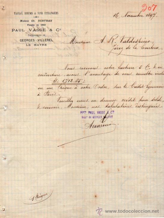 Cartas comerciales: CARTA COMERCIAL DE PAUL VASSE & Cie, HAVRE 1897, FRANCE