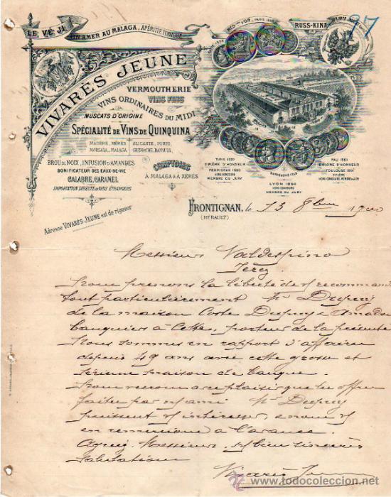 Cartas comerciales: CARTA COMERCIAL DE VIVAR&Egrave;S JEUNE. IMPORTATION DE VINS &Eacute;TRANGERS. FRONTIGNAN 1900, FRANCE