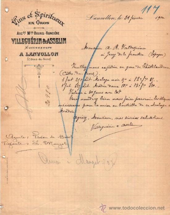 Cartas comerciales: CARTA COMERCIAL DE VILLEGU&Eacute;RIN & ASSELIN SUCCrs. LANVOLLON 1900, FRANCE