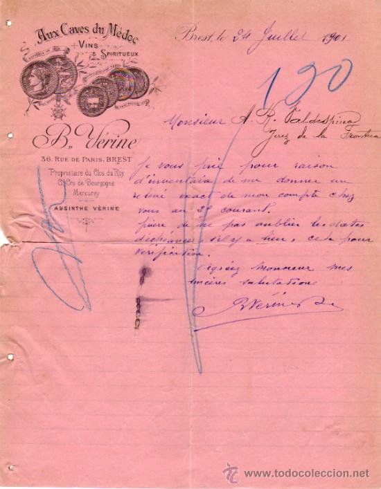 Cartas comerciales: CARTA COMERCIAL DE B, V&Eacute;RINE. BREST 1901, FRANCE
