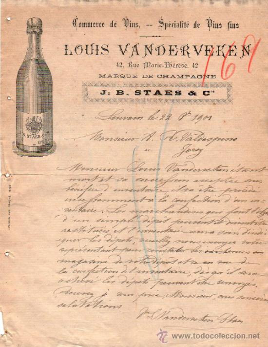 Cartas comerciales: CARTA COMERCIAL DE LOUIS DE VANDERVEKEN. COMMERCE DE VINS - SP&Eacute;CIALIT&Eacute;S DE VINS FINS. LOUVAIN 1901