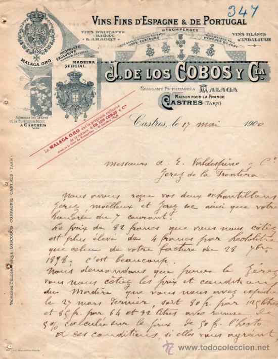 Commercial Letters: CARTA COMERCIAL DE J. DE LOS COBOS Y Cia. N&Eacute;GOCIANTS PROPI&Eacute;TAIRES. CASTRES 1900, FRANCE