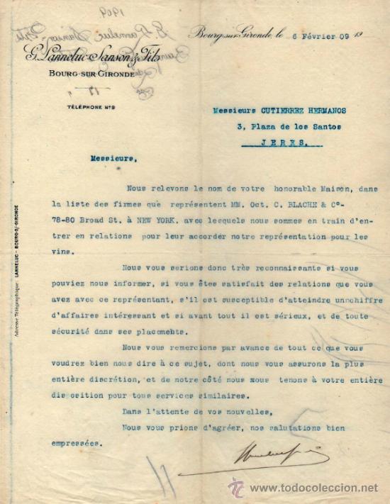 Commercial Letters: CARTA COMERCIAL DE G. LANNELUC - SANSON & FILS. BOURG - SUR -GIRONDE 1909