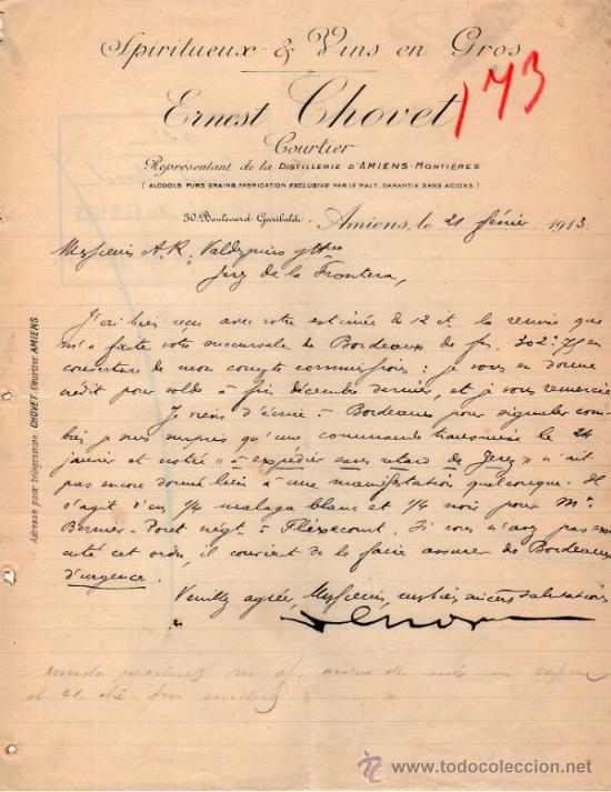 Commercial Letters: CARTA COMERCIAL DE ERNEST CHOVET. COURTIER. REPR&Eacute;SENTANT DE LA DISTILLERIE D'AMIENS. FRANCE 1913