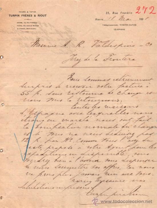 Commercial Letters: CARTA COMERCIAL DE TURPIN FR&Egrave;RES & RIOUT. HAVRE 1898, FRANCE