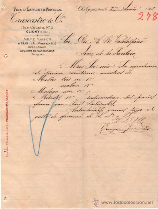 Commercial Letters: CARTA COMERCIAL DE TRASCASTRO & Cia. N&Eacute;GOCIANT DE VINS D'ESPAGNE & PORTUGAL. FRANCE 1898