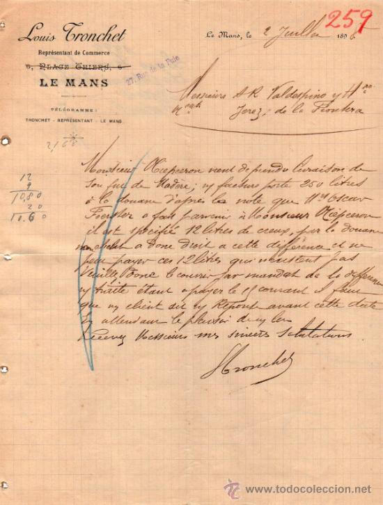 Commercial Letters: CARTA COMERCIAL DE LOUIS TRONCHET. REPR&Eacute;SENTANT DE COMMERCE. LE MANS 1898, FRANCE