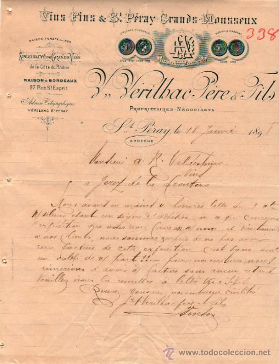 Commercial Letters: CARTA COMERCIAL DE V. V&Eacute;RILBAC P&Egrave;RE & FILS. PROPRI&Eacute;TAIRES - N&Eacute;GOCIANTS. ST. P&Eacute;RAY 1895, FRANCE
