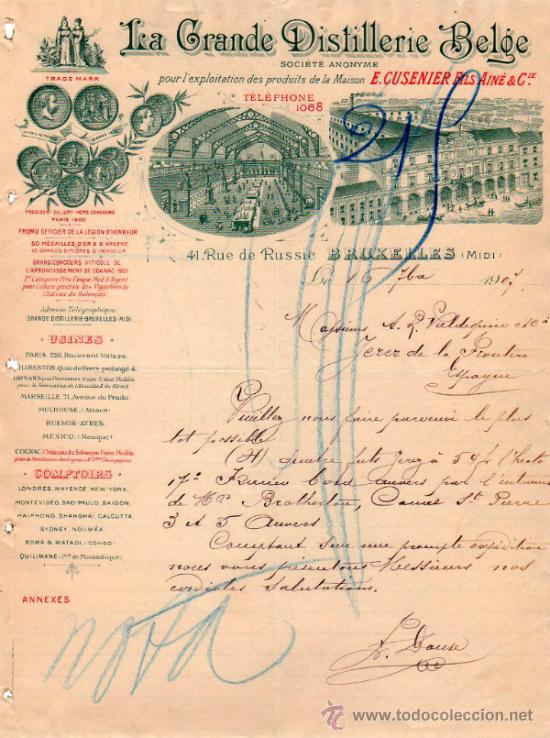 Commercial Letters: CARTA COMERCIAL DE LA GRANDE DISTILLERIE BELGE. S.A. BRUXELLES 1907