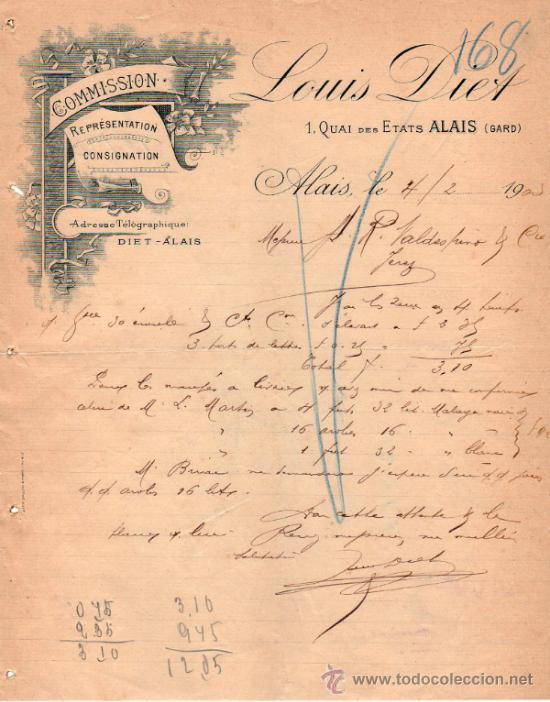 Commercial Letters: CARTA COMERCIAL DE LOUIS DIET. COMMISSION - REPR&Eacute;SENTATION - CONSIGNATION. ALAIS (GARD) 1903, FRANCE