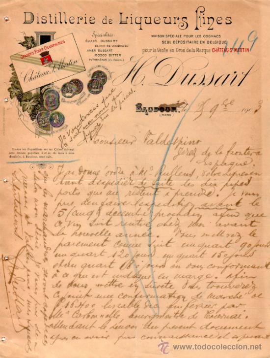 Commercial Letters: CARTA COMERCIAL DE H. DUSSART. DISTILLERIE DE LIQUEURS FINES. BAUDOUR 1903, BELGIQUE