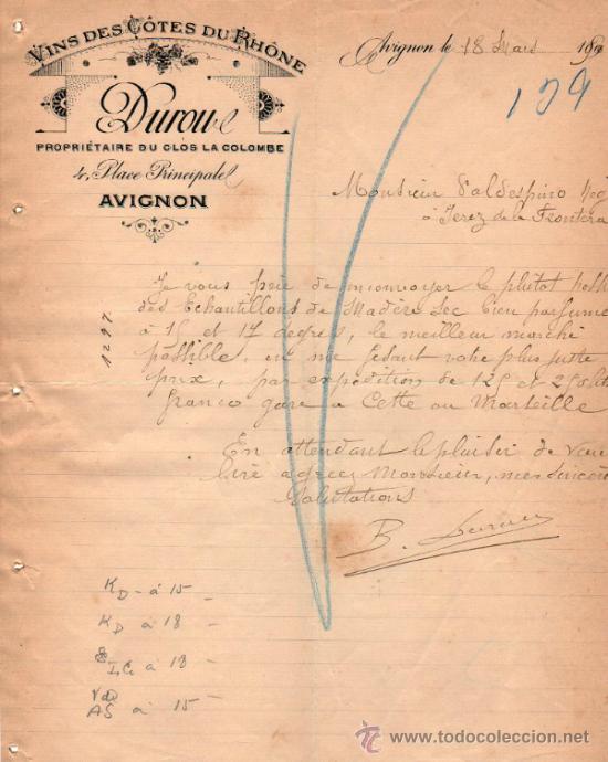 Commercial Letters: CARTA COMERCIAL DE DUROU. PROPRI&Eacute;TAIRE DU CLOS LA COLOMBE. AVIGNON 1903, FRANCE